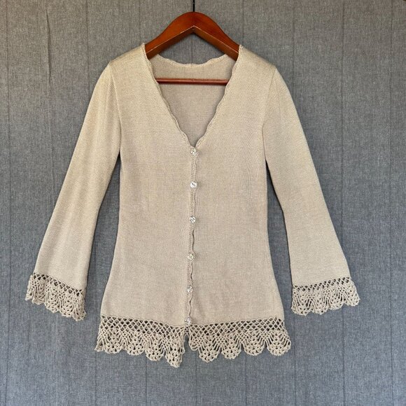 90s Vintage Oatmeal Knit Crochet Edge Mother of Pearl Button Long Line Cardigan - Picture 1 of 9